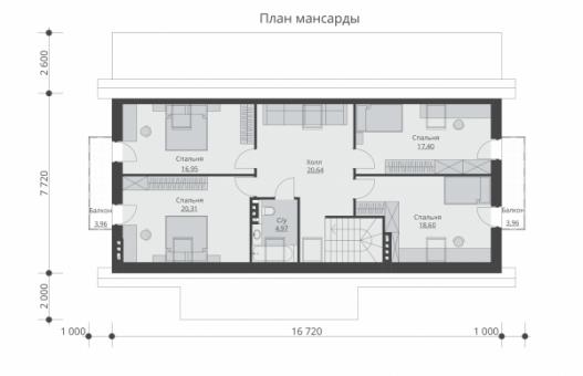 Одноэтажный дом на две семьи с мансардой, террассами и балконами